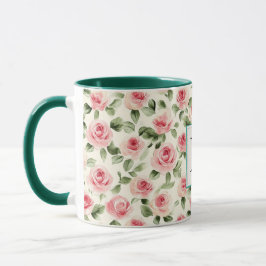 Caneca Romantic Teal Blush Pink Roses Floral Monogram