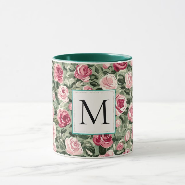 Caneca Romantic Teal Green Pink Roses Floral Monogram (Centro)