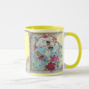 CANECA ROMANTICA, ROSAS FLORAIS DE PINCO AMARELO AZUL COM