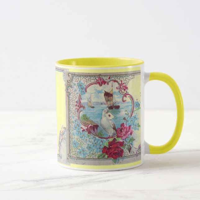 CANECA ROMANTICA, ROSAS FLORAIS DE PINCO AMARELO AZUL COM (Direita)