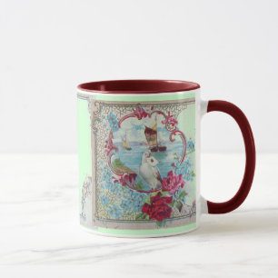 CANECA ROMANTICA, TEAL AZUL, ROSAS FLORÍVEIS DE PINCO VER