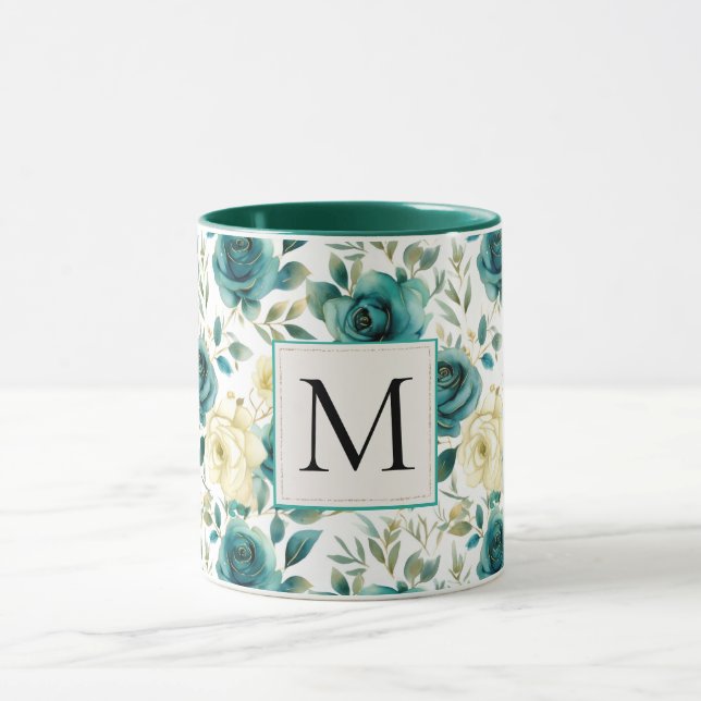 Caneca Romântico Creme Verde Rosa Floral Monograma Românt (Centro)