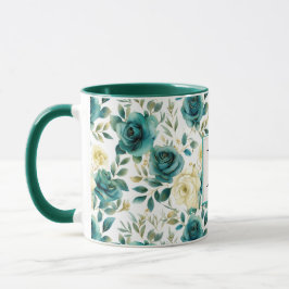 Caneca Romântico Creme Verde Rosa Floral Monograma Românt