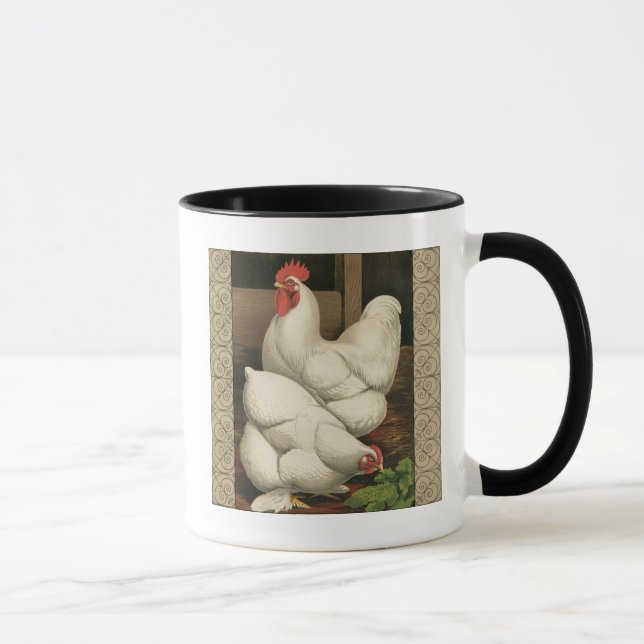Caneca Roosters & Hen fora da Hen House com Borda Branca (Direita)