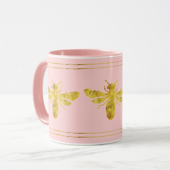 Caneca Rosa Bege Abelha Dourada da Moda (Frente Esquerda)