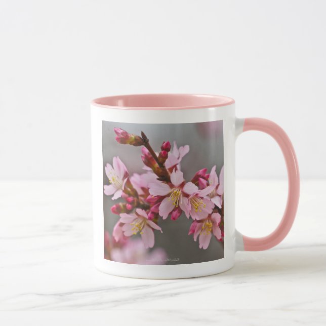 Caneca Rosa Contra Uma Cinza Céu Japonês Blossomas De Cer (Direita)