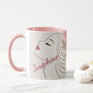 Caneca Rosa Cor-de-Rosa Personalizada Floral Cabelo Mulhe