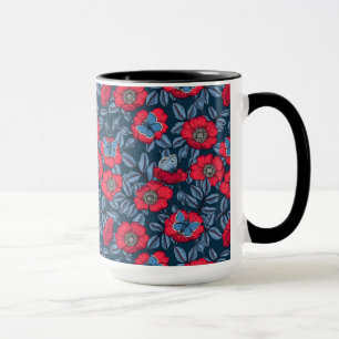 Caneca Rosa de cão e borboletas em azul e vermelho