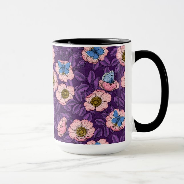 Caneca Rosa de cão e borboletas em rosa e roxo (Direita)