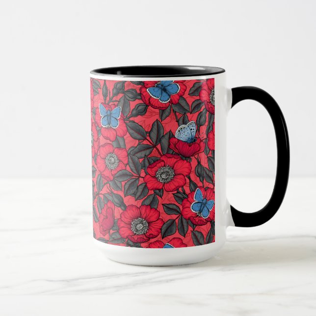 Caneca Rosa de cão e borboletas em vermelho e azul (Direita)