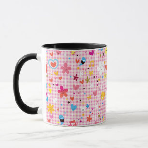 Caneca rosa do teste padrão dos desenhos animados do
