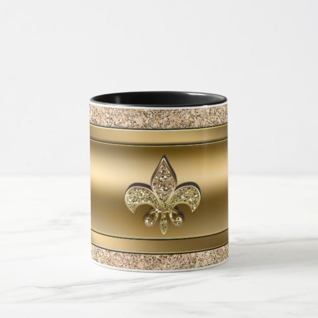 Caneca Rosa & Dourado Brilho Glittery Fleur de lis Chic (Centro)