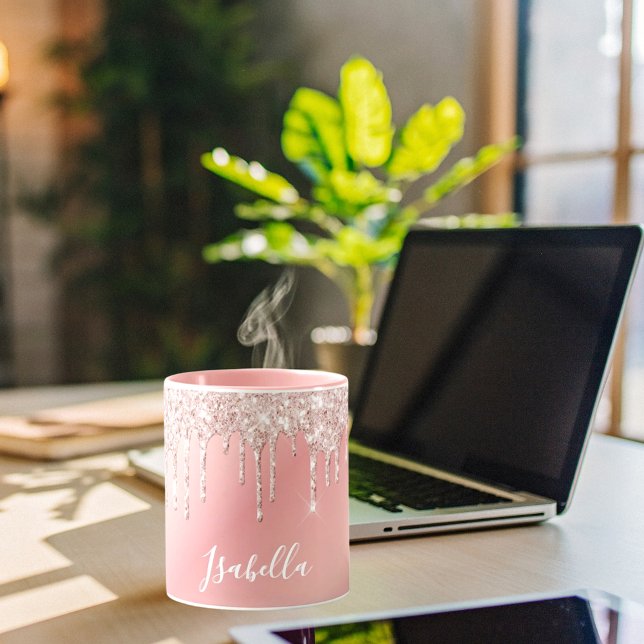 Caneca Rosa dourado push cor-de-rosa glitter nome (Criador carregado)