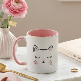 Caneca Rosa e Branca com Rosto de Gatinho Sonolent