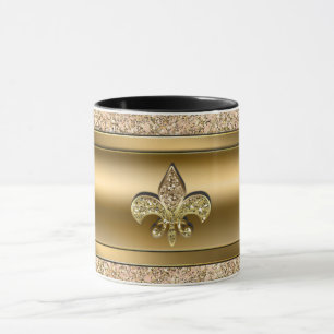 Caneca Rosa e Dourado Brilho Glittery Fleur de lis Chic