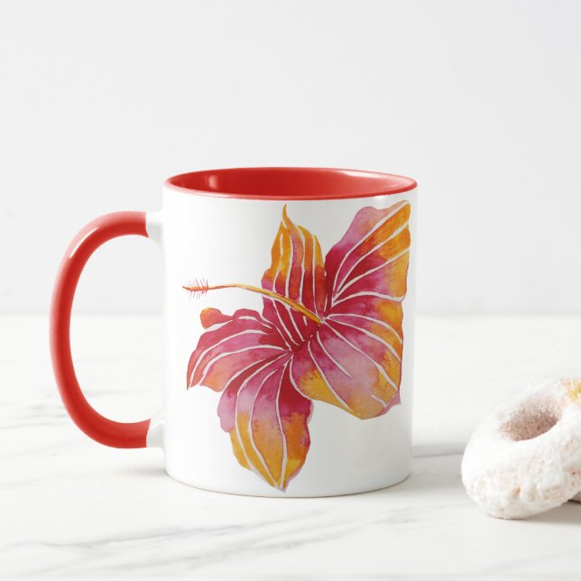 Caneca Rosa e Vermelho Floral Hawaii Hibiscus Mug (Com Donut)