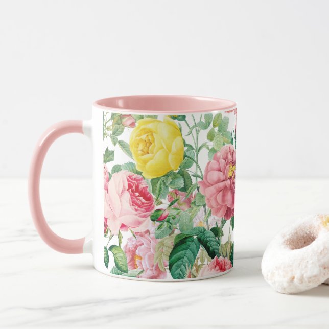 Caneca Rosa Floral Vintage Primavera Garden (Com Donut)