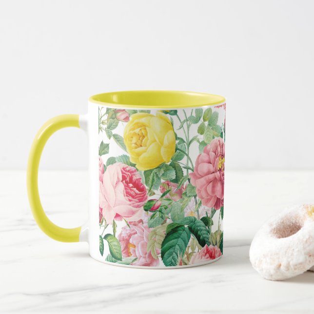 Caneca Rosa Floral Vintage Primavera Garden (Com Donut)