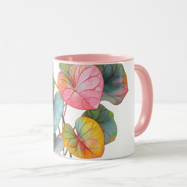 caneca rosa-folha colorida (Frente Esquerda)