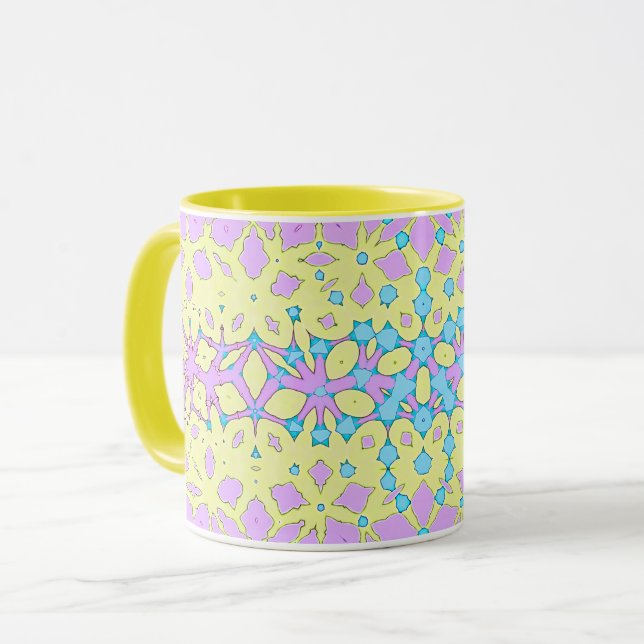 Caneca Rosa, Lilac, Amarelo e Azul-Céu Geométrico (Frente Esquerda)