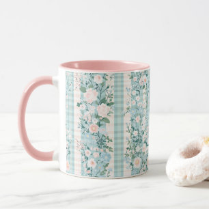 Caneca Rosa Pastel Azul Florais Aquarela Xadrez