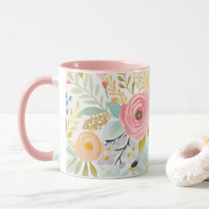 Caneca Rosa Pastel Azul Floral Botânico Aquarela