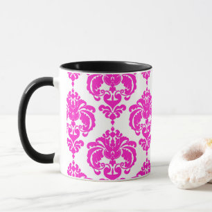 Caneca Rosa Quente & Branco Padrão Damask Elegante Chic
