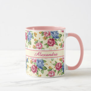 Caneca Rosa romântico Pastel da flor, vermelho, nome azu