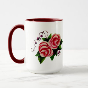 Caneca rosa, rosa de de arte folclórica rosa/vermelha e r