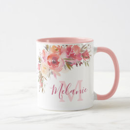 Caneca Rosa Rosa Menor e Coral Nome Monograma Mug