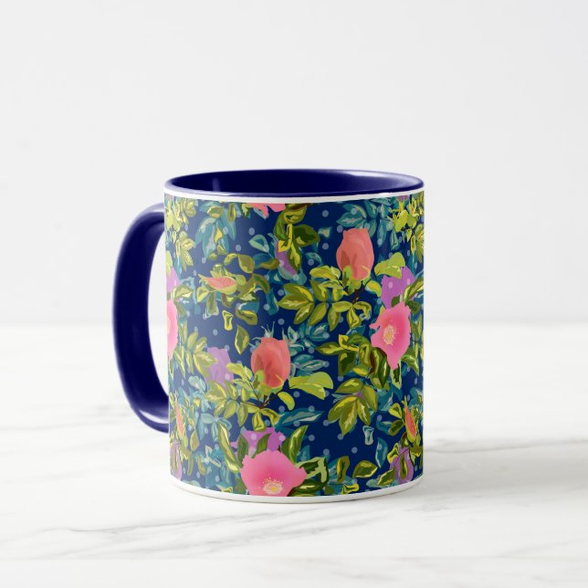 Caneca Rosa selvagem, fundo azul, rosa selvagem, rosas, r (Frente Esquerda)