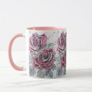 Caneca Rosa vermelha Aquarela e rosas de Tinta
