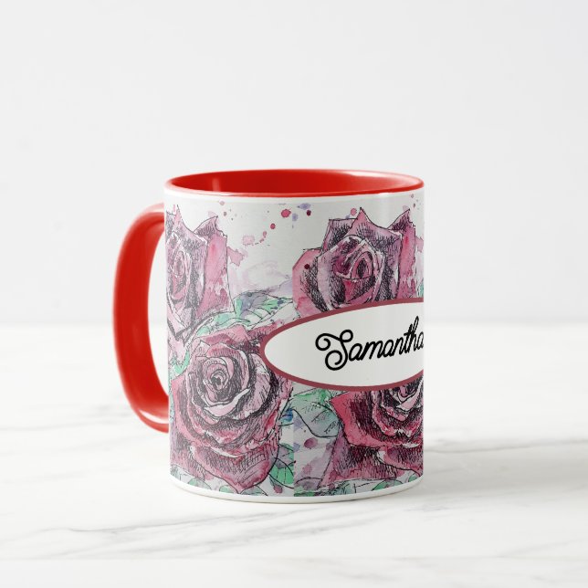 Caneca Rosa vermelha Flores de Aquarela Pintura Floral (Frente Esquerda)