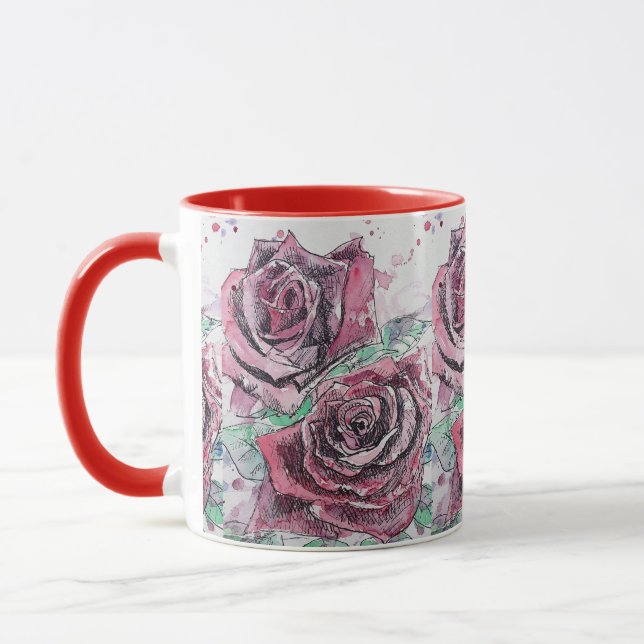Caneca Rosa vermelha Flores de Aquarela Pintura Floral (Esquerda)