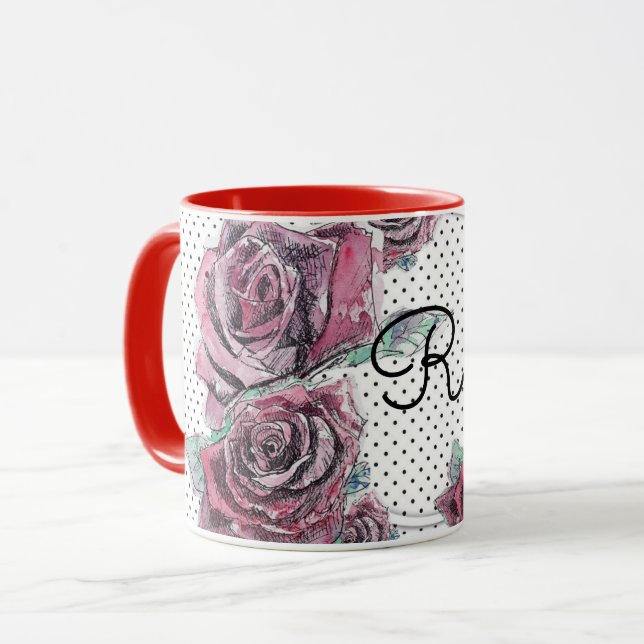 Caneca Rosa vermelha Ponto de Aquarela Mulher Mug Inicial (Frente Esquerda)
