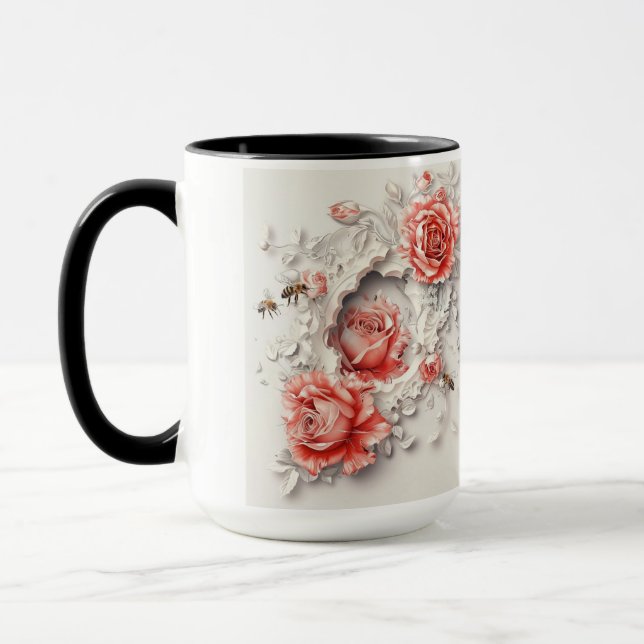 Caneca Rosas 3D Elegantes, Abelhas E Beleza Botânica (Esquerda)