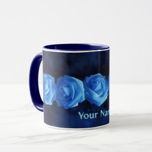 Caneca Rosas Azuis - Mug de Arte com Nome Pessoal
