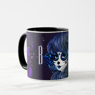 Caneca Rosas Azuis Roxos Garota do Crânio Personalizada