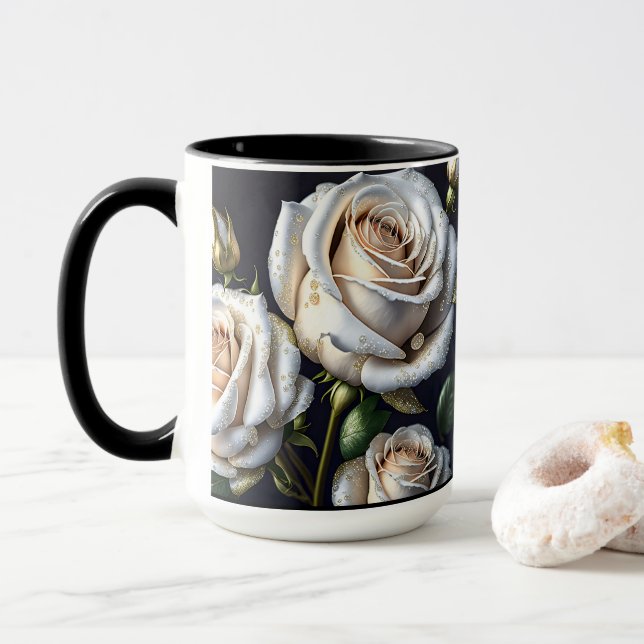 Caneca Rosas brancas lindas com detalhes do ouro (Com Donut)