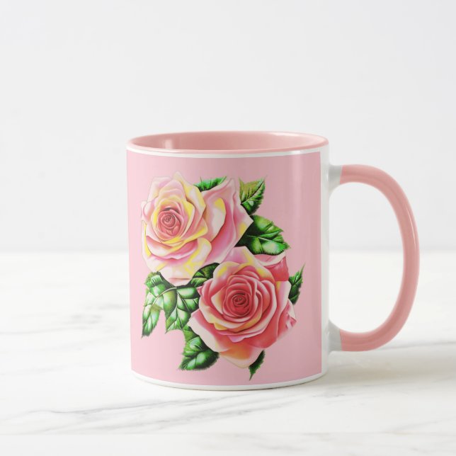 Caneca Rosas cor-de-rosa com folhas verdes de jade (Direita)