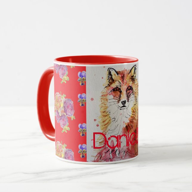 Caneca Rosas De Animais De Raposa Vermelha Cúbica, Floral (Frente Esquerda)