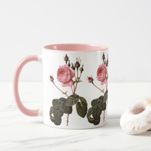 Caneca Rosas de jardim cor-de-rosa antigas em flor (Com Donut)