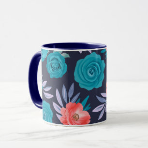 Caneca Rosas de Turquesa e Flores de Coral com Folhas de