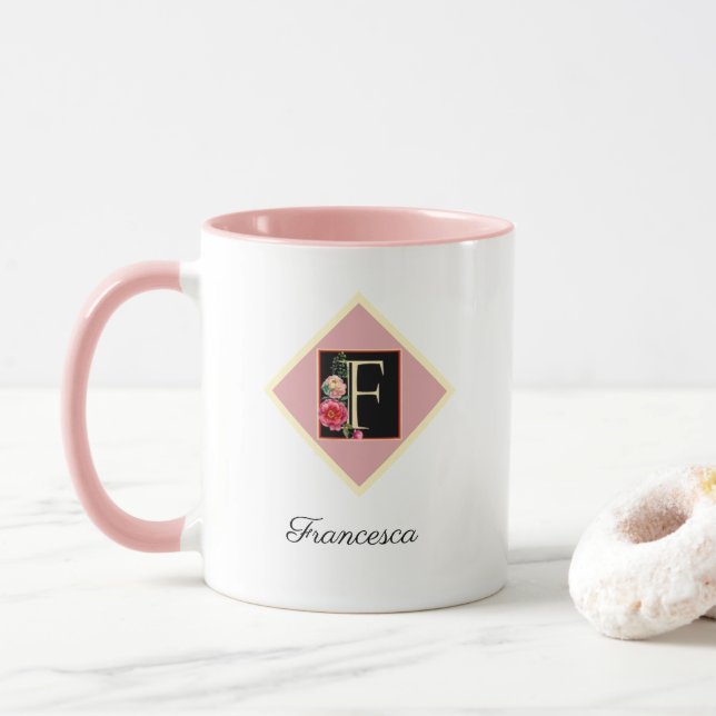 Caneca Rosas de vinheta inicial personalizados "F" (Com Donut)