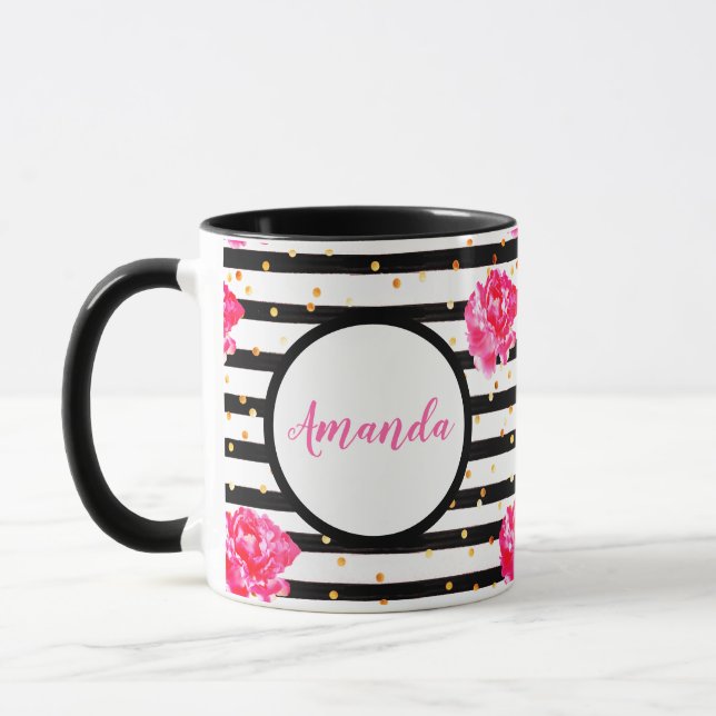Caneca Rosas e listras femininas personalizadas (Esquerda)