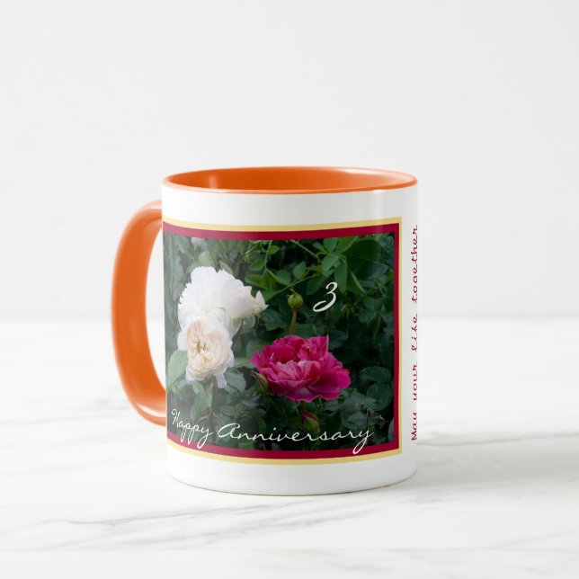 Caneca Rosas Flores Elegantes de Terceiro Aniversário de  (Frente Esquerda)