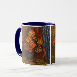 Caneca Rosas Impressionistas de Renoir em Vaso Azul-Verde