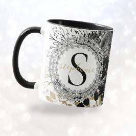 Caneca Rosas Pretas em Diamantes Luxo Sofisticado Monogra