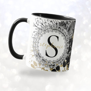 Caneca Rosas Pretas em Diamantes Luxo Sofisticado Monogra