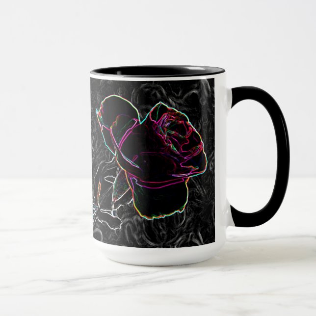 Caneca Rosas Red & Violet Neon segurando mãos em preto BG (Direita)